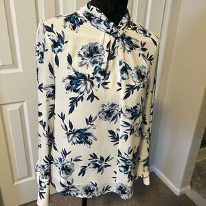 White House Black Market Blue Floral and White High Neck Blouse